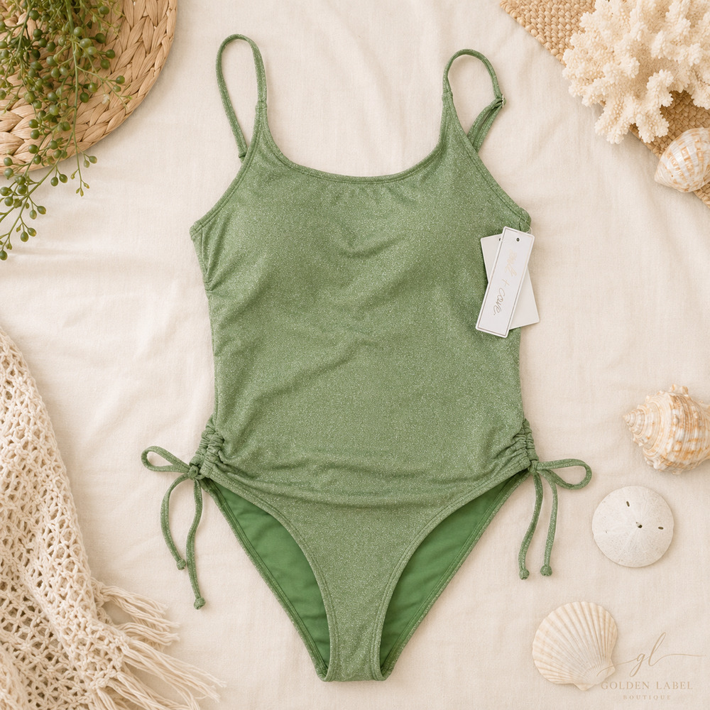 Salt + Cove Lurex Open Back One Piece Swimsuit S Green Shimmer NWT - Picture 4 of 7